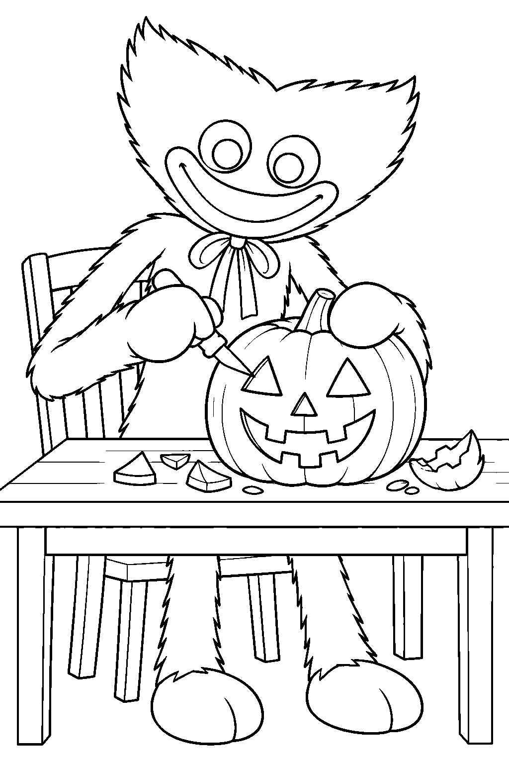 huggy wuggy carving a halloween jack o lantern at a table line art