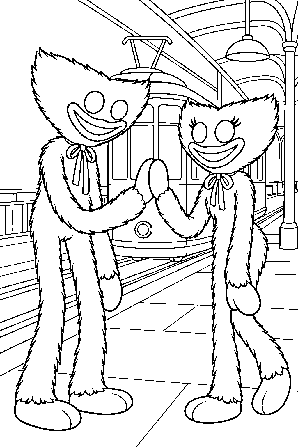 huggy wuggy chapter 5 reuniting with kissy missy at the tram station line art