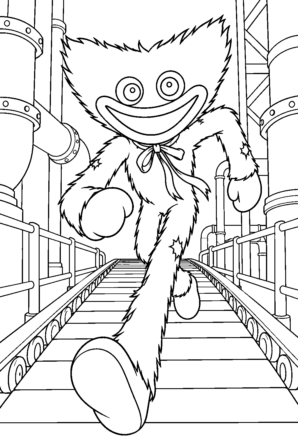 huggy wuggy chapter 5 running along a conveyor belt between factory pipes line art