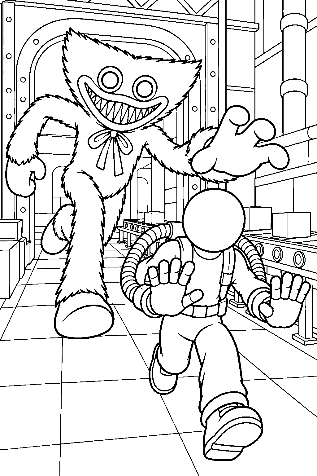 huggy wuggy chasing the player through the toy factory line art