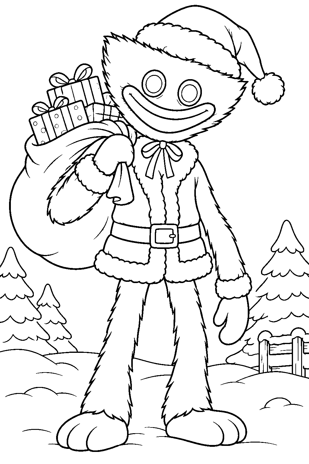 huggy wuggy dressed as santa carrying a sack of christmas presents line art