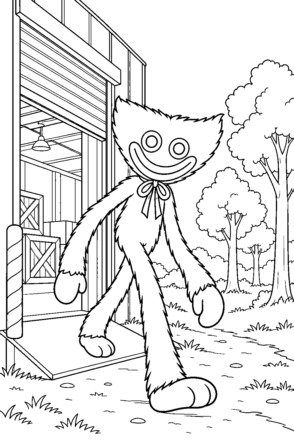 huggy wuggy escaping through the factory delivery door into the woods line art