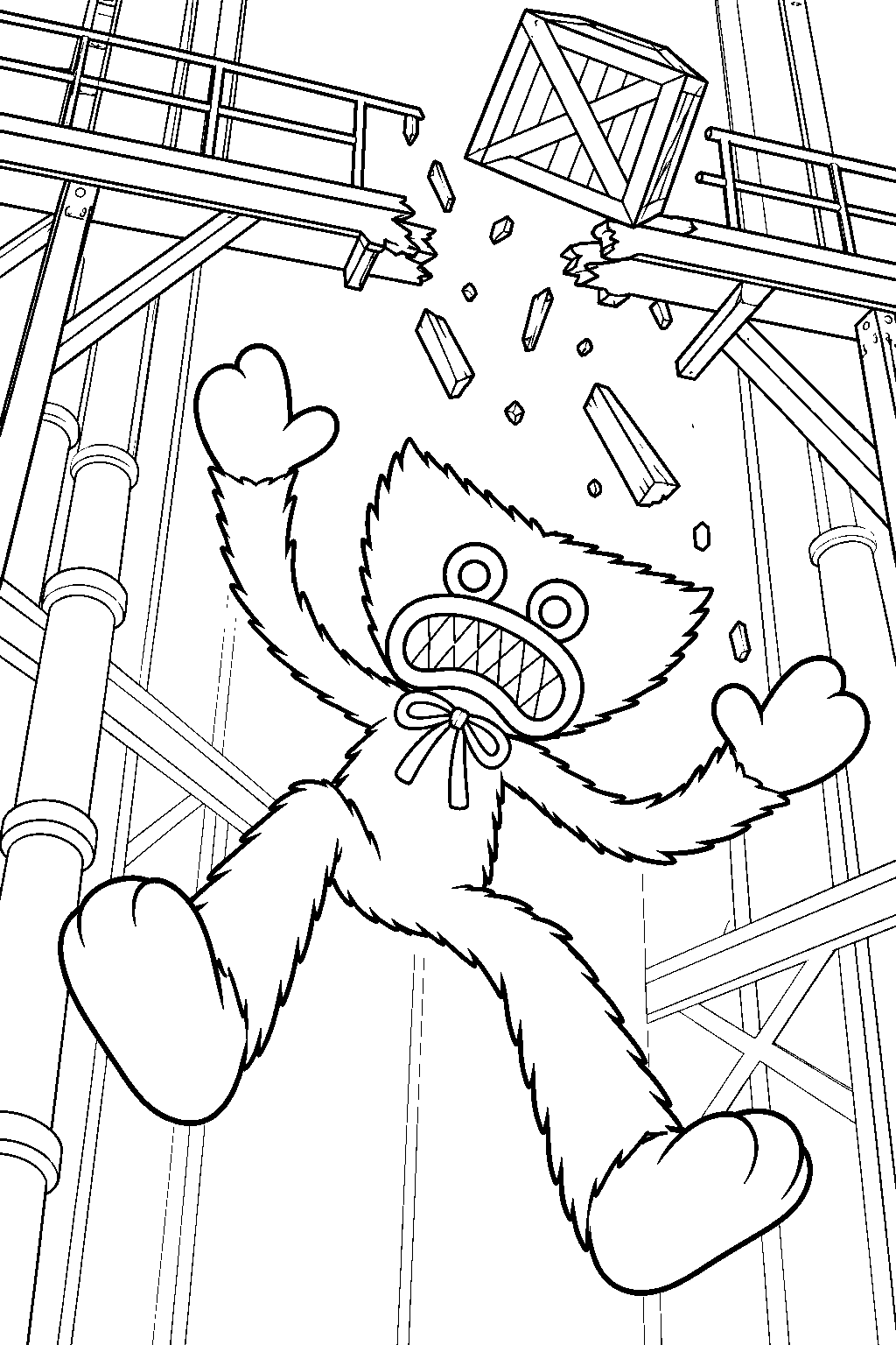 huggy wuggy falling from the broken factory catwalk line art