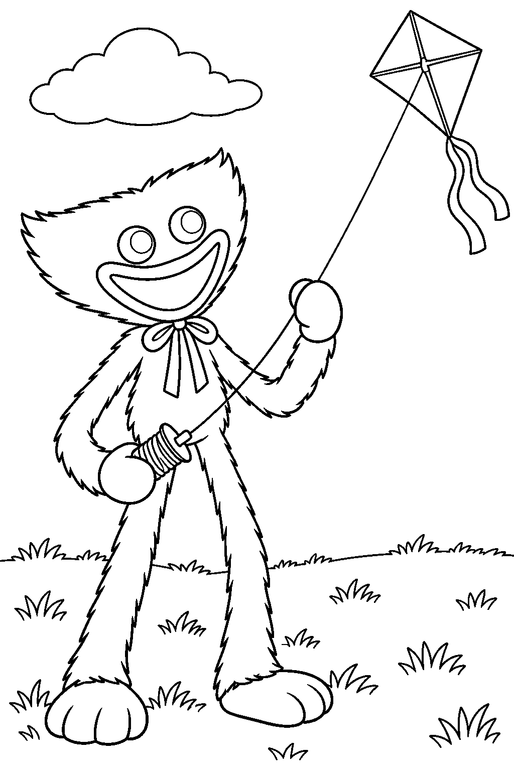 huggy wuggy flying a kite over a grassy field line art