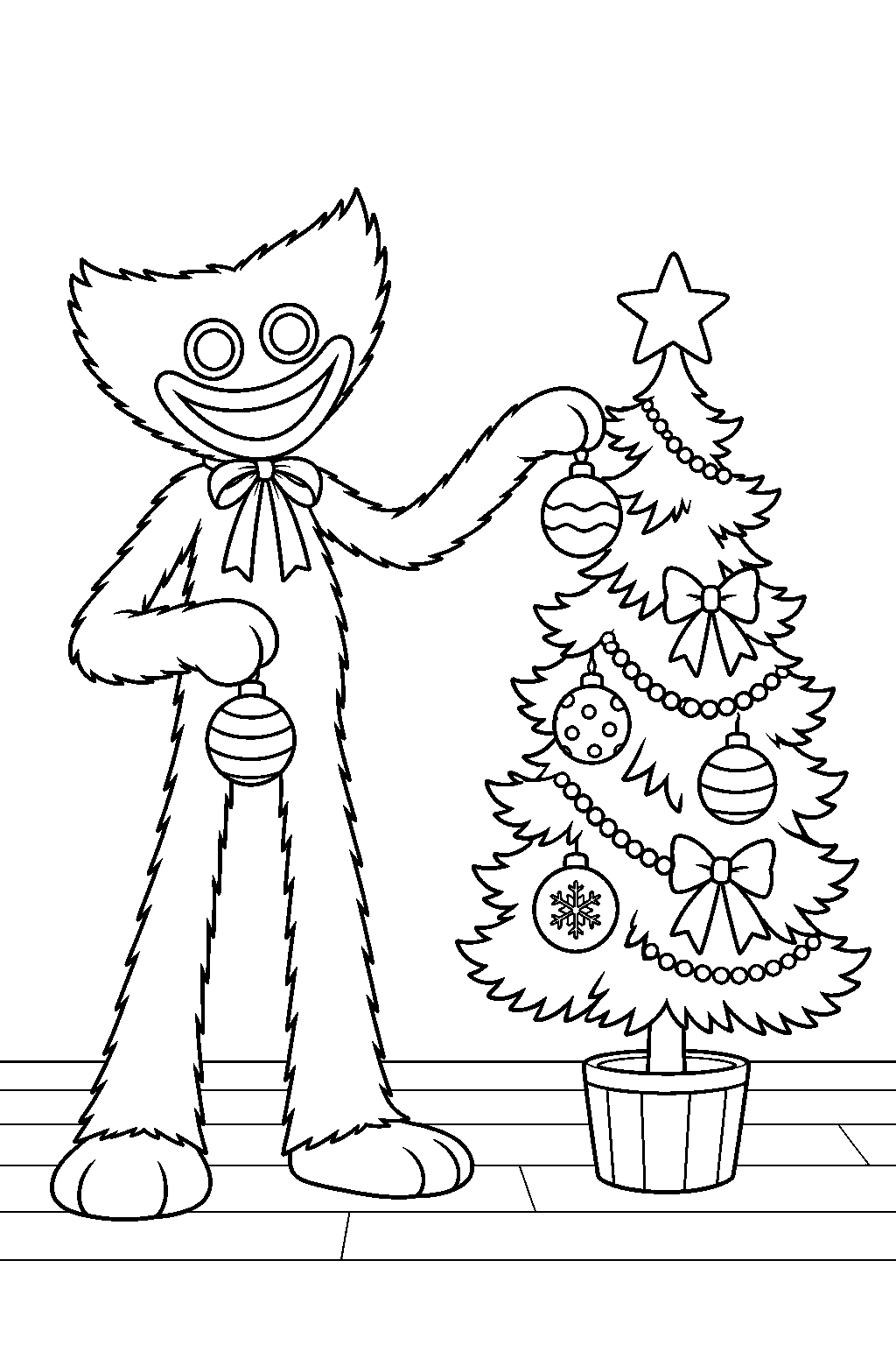huggy wuggy hanging ornaments on a christmas tree line art