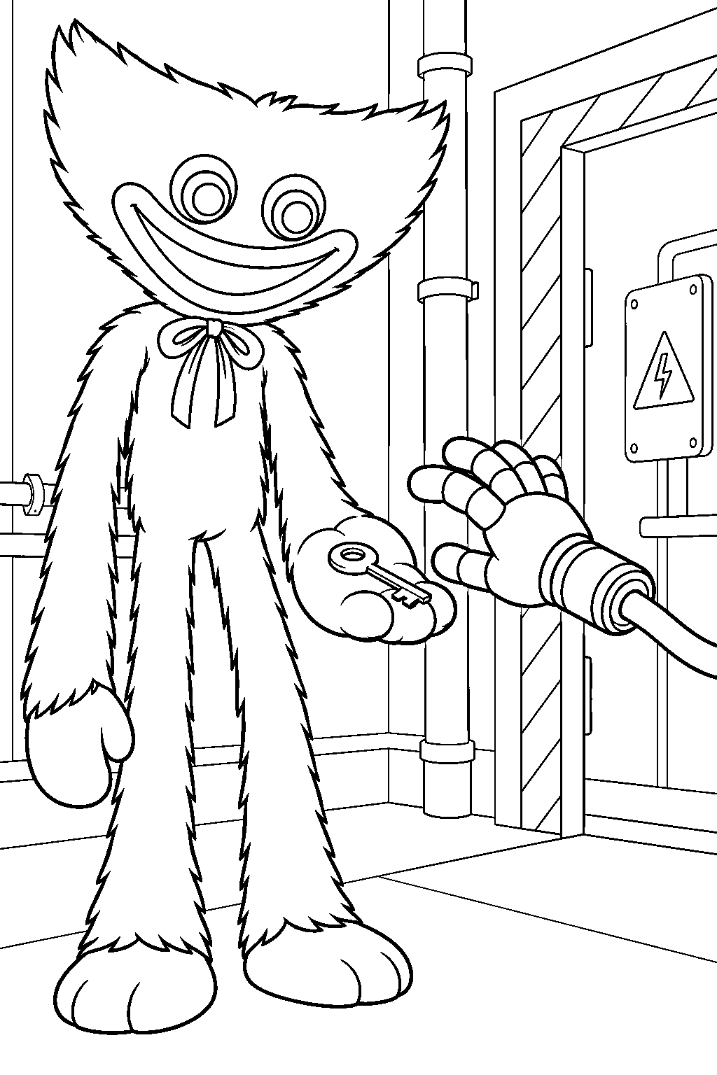 huggy wuggy holding the power room key as a grabpack hand reaches for it line art