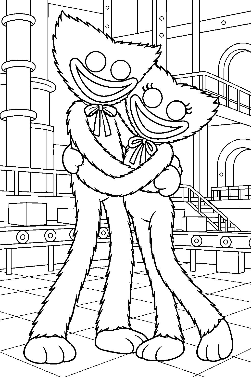 huggy wuggy hugging kissy missy in the factory line art