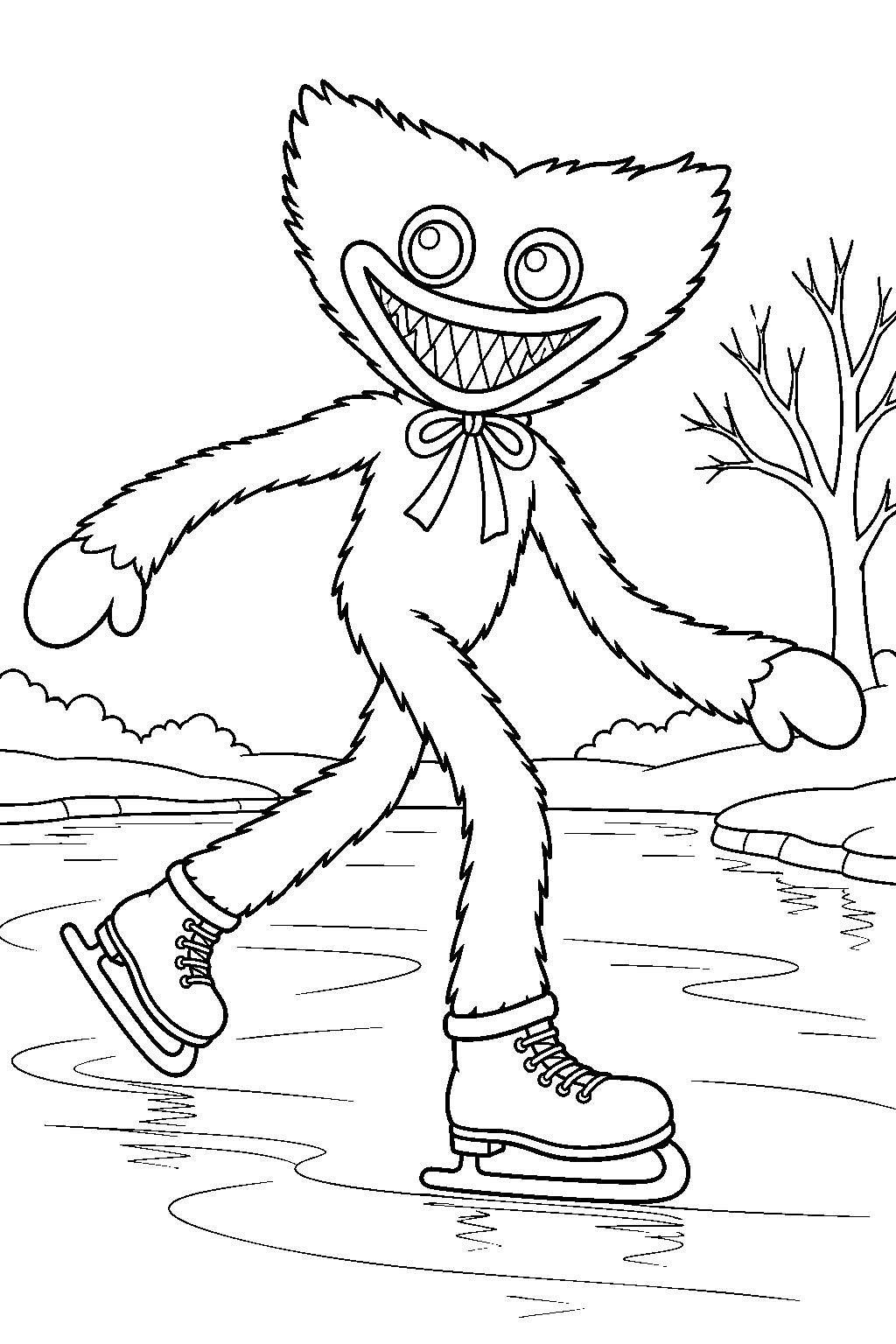 huggy wuggy ice skating on a frozen pond line art