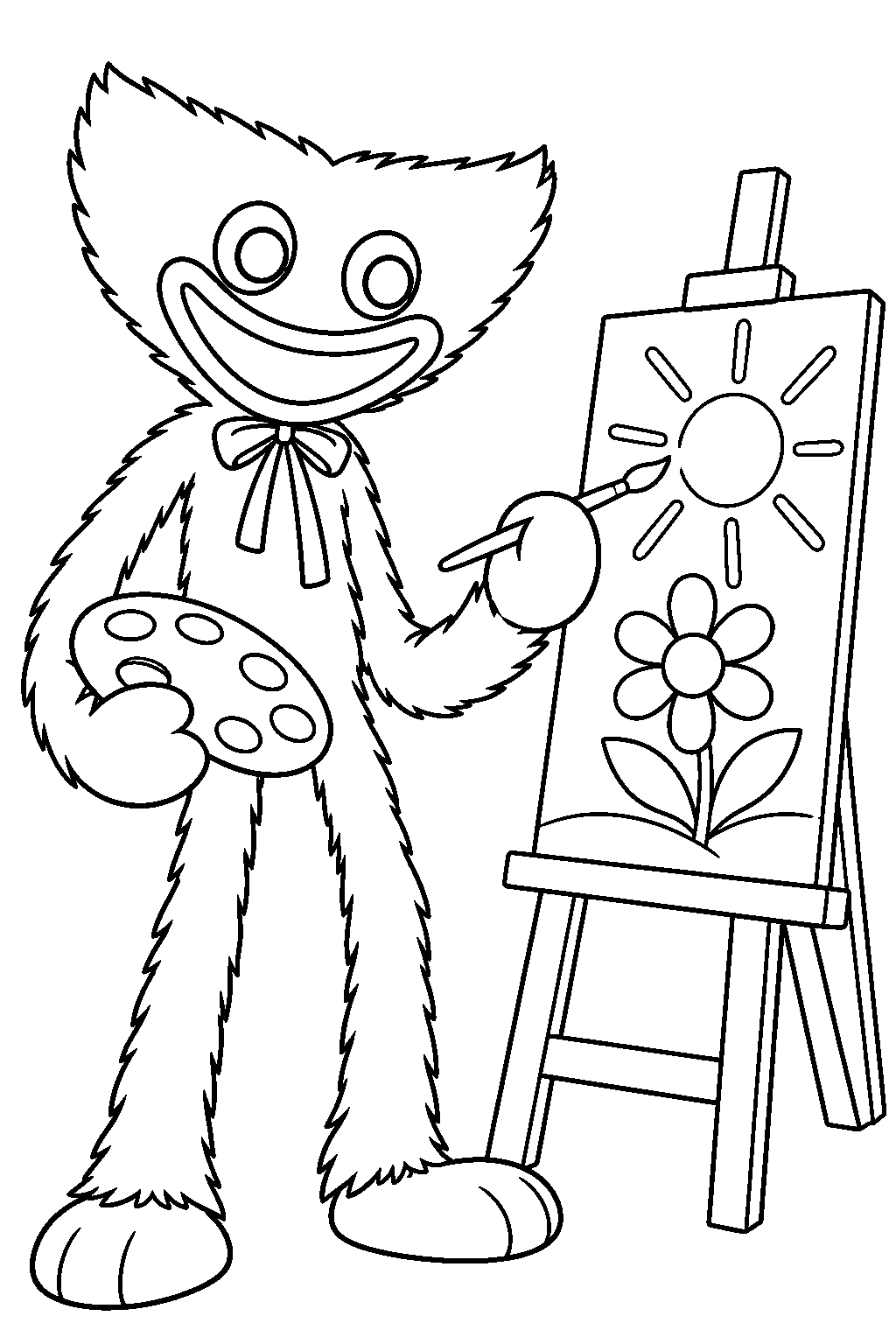 huggy wuggy painting a picture at an easel line art