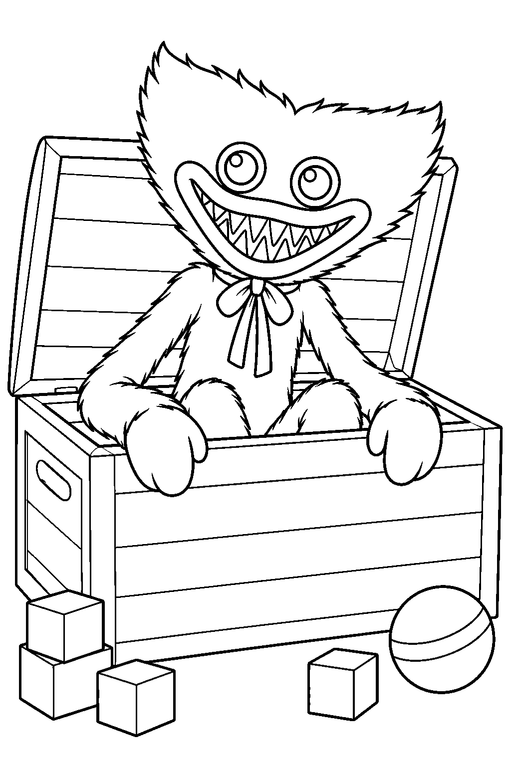 huggy wuggy peeking out of an open toy chest line art