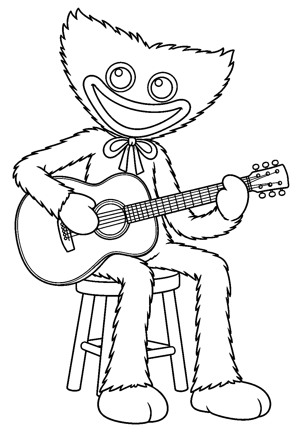 huggy wuggy playing a guitar while seated on a stool line art
