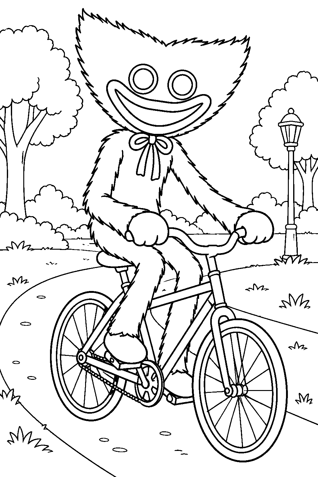 huggy wuggy riding a bicycle along a park path line art