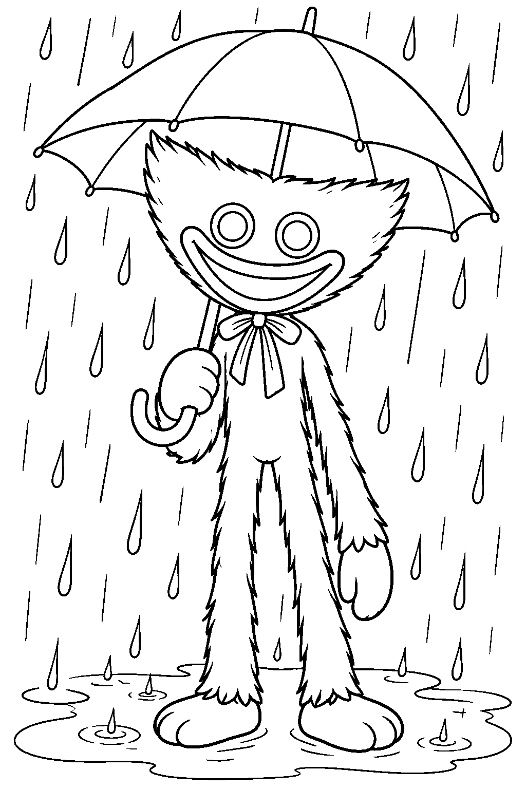 huggy wuggy sheltering under an umbrella in the rain line art