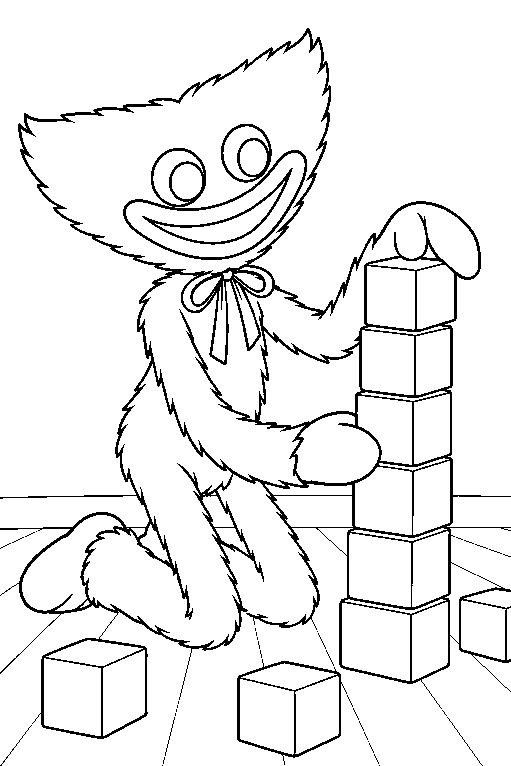 huggy wuggy stacking toy blocks into a tall tower line art