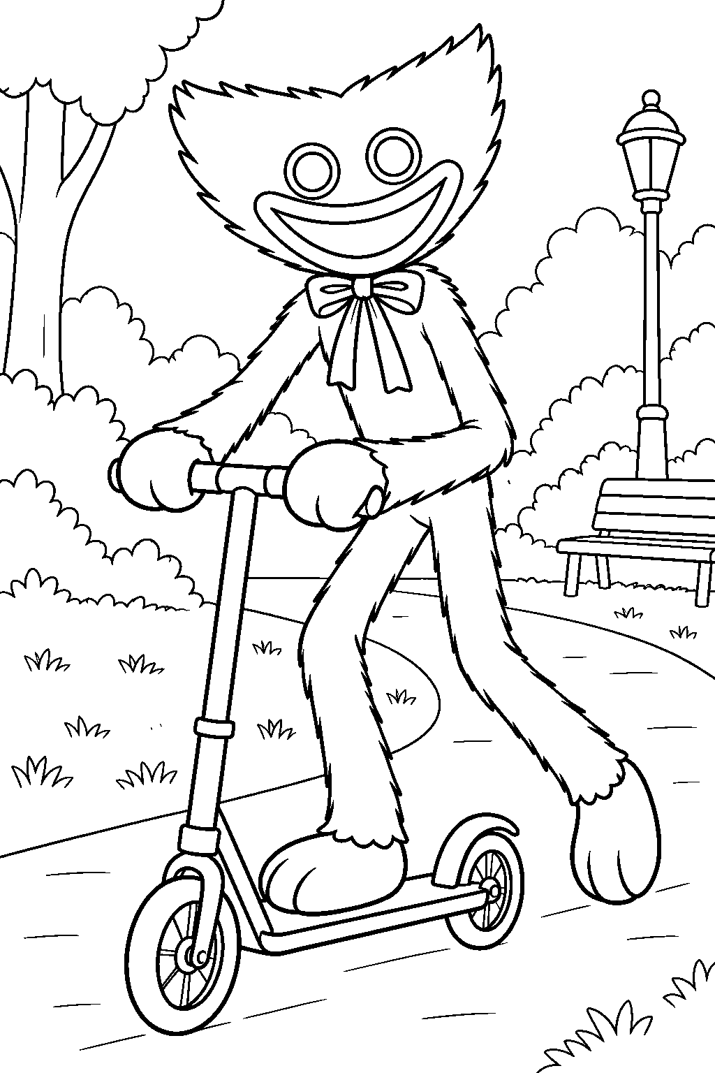 huggy wuggy steering a scooter along a park path line art
