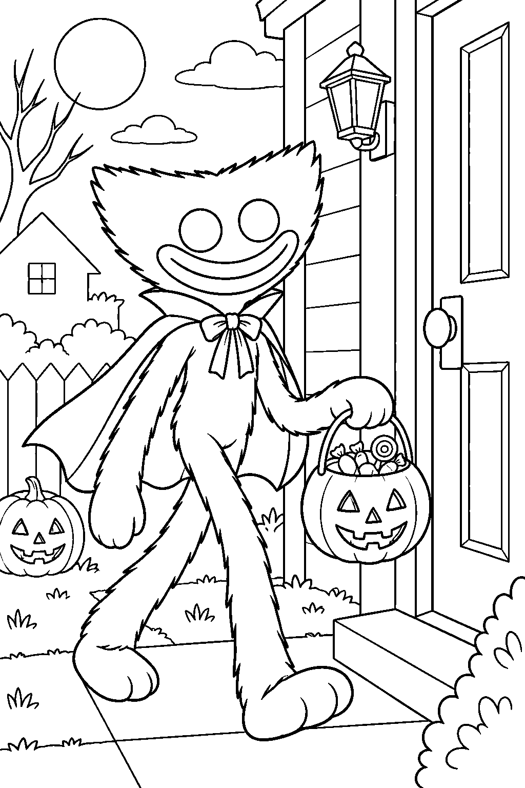 huggy wuggy trick or treating with a pumpkin candy bucket line art