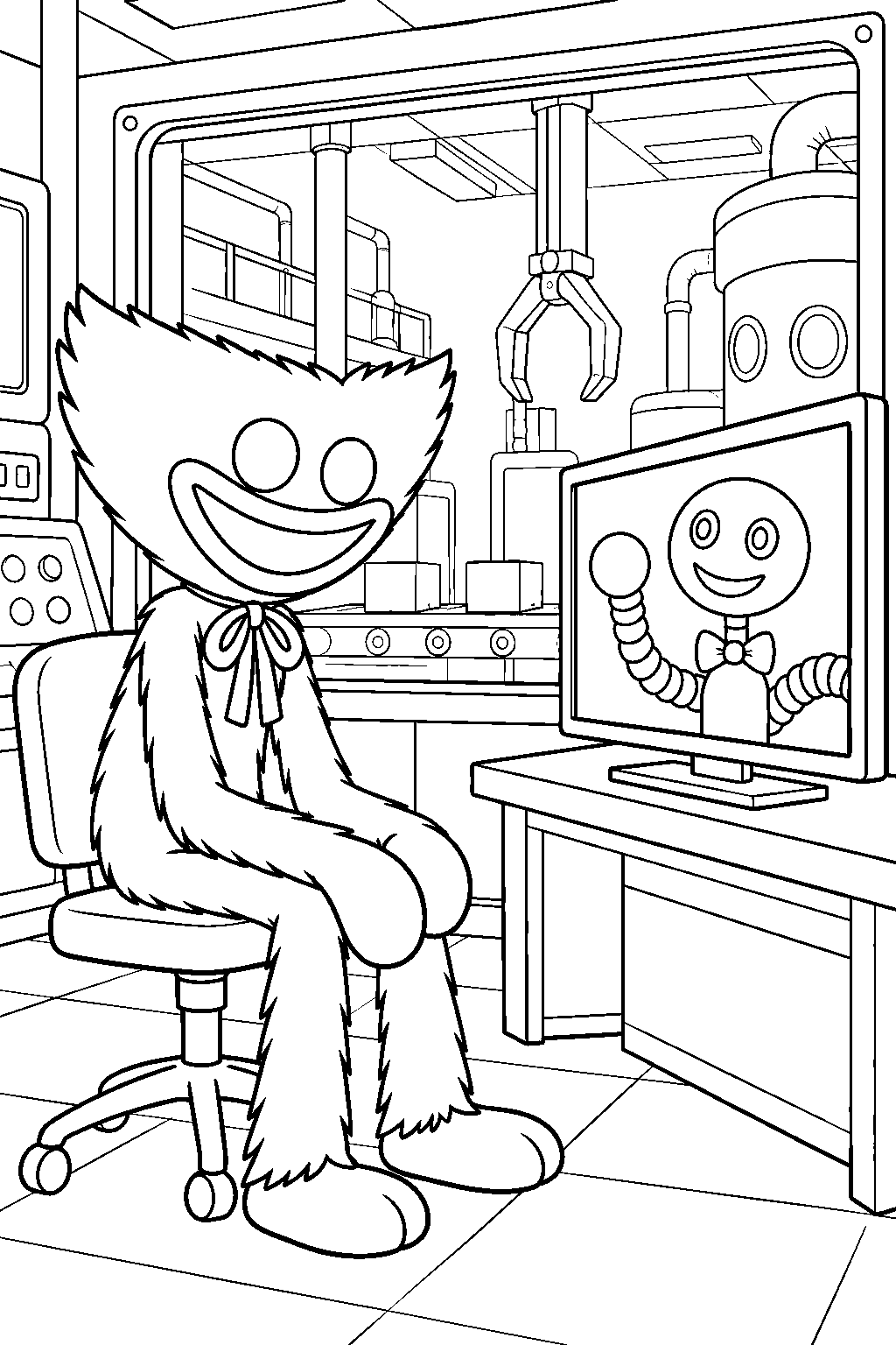 huggy wuggy watching a training video in the laboratory line art