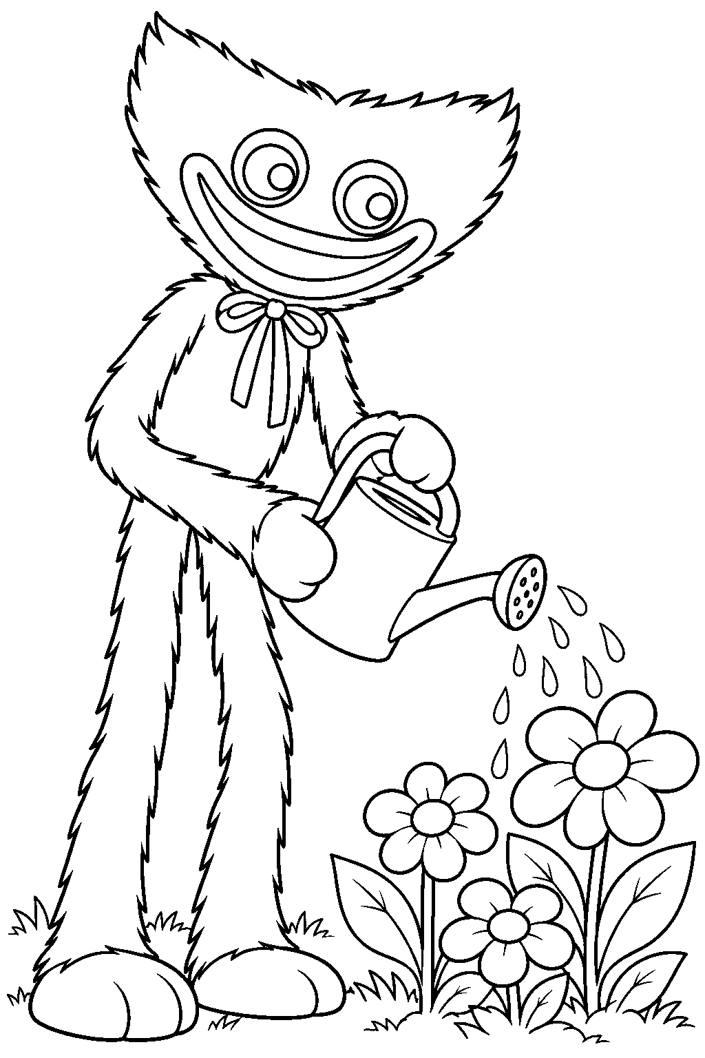 huggy wuggy watering flowers with a watering can line art