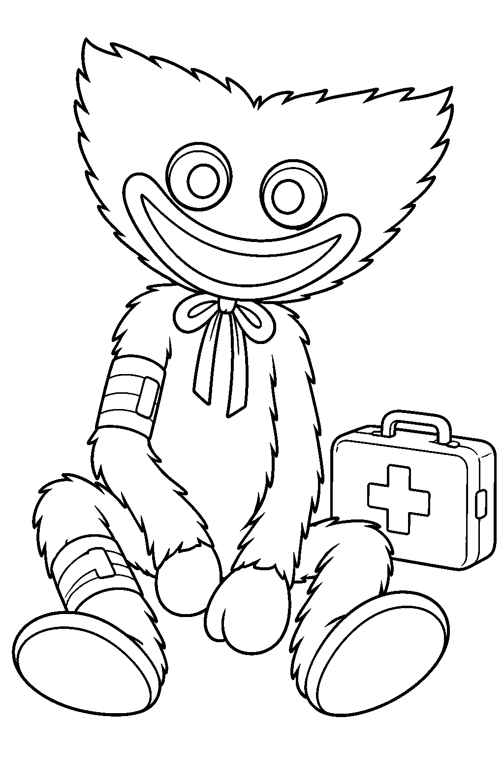 injured huggy wuggy sitting with bandages beside a first aid kit line art
