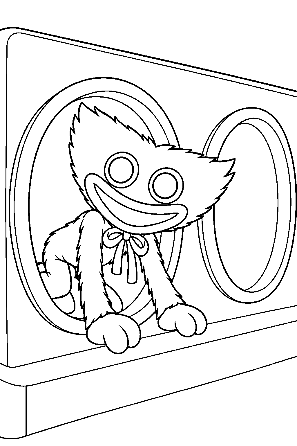 mini huggy wuggy peeking out of a wack a wuggy tunnel line art