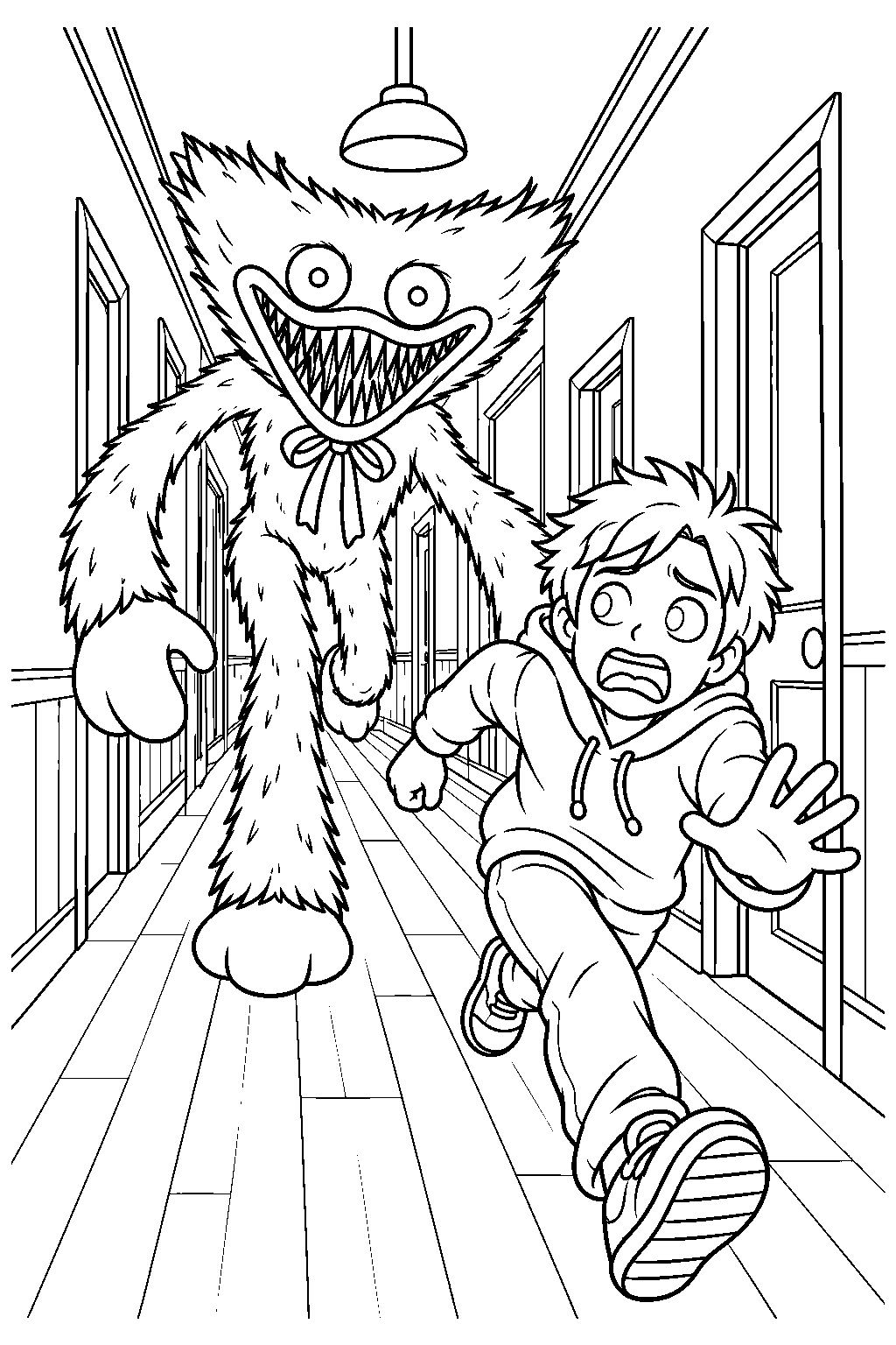 nightmare huggy wuggy pursuing the player through home sweet home line art