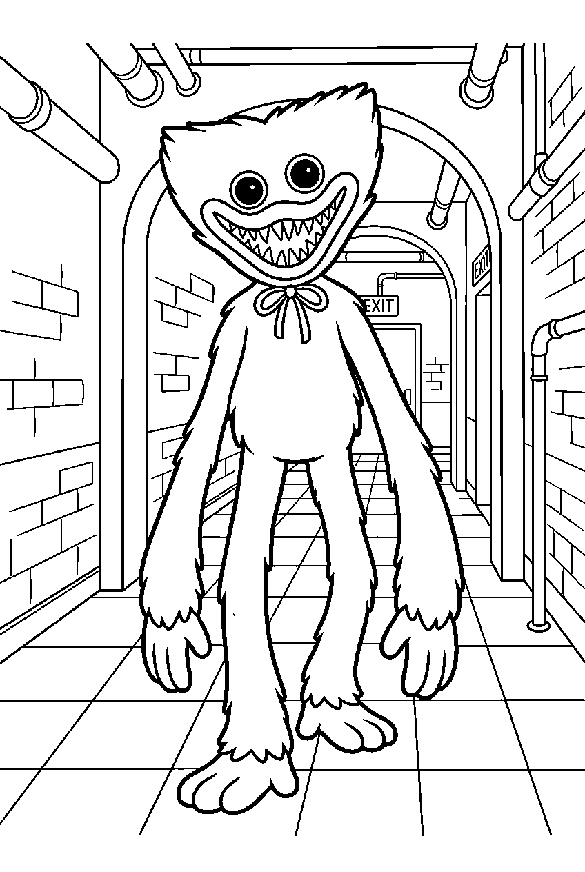 poppy playtime huggy wuggy exploring in factory hallway line art