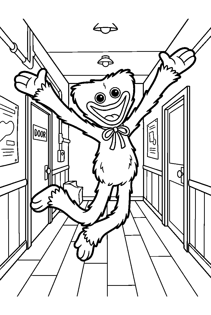 poppy playtime huggy wuggy jumping in colorful hallway line art