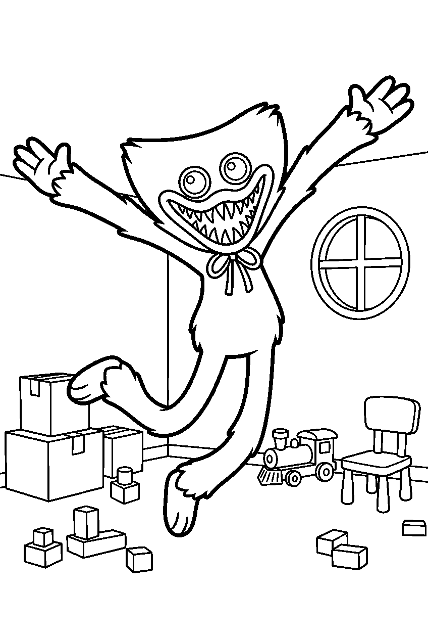 poppy playtime huggy wuggy jumping in game room line art