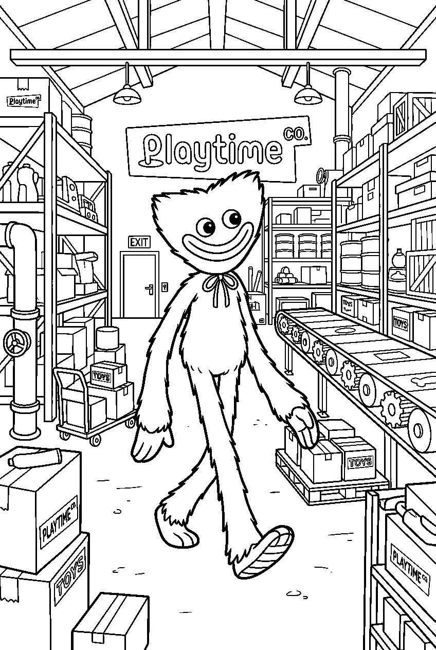 poppy playtime huggy wuggy looking around in warehouse line art