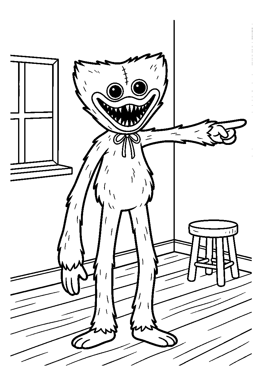 poppy playtime huggy wuggy pointing in simple room line art