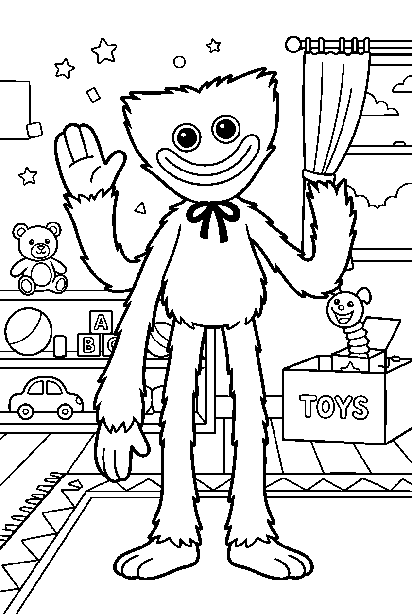 poppy playtime huggy wuggy posing in toy room line art