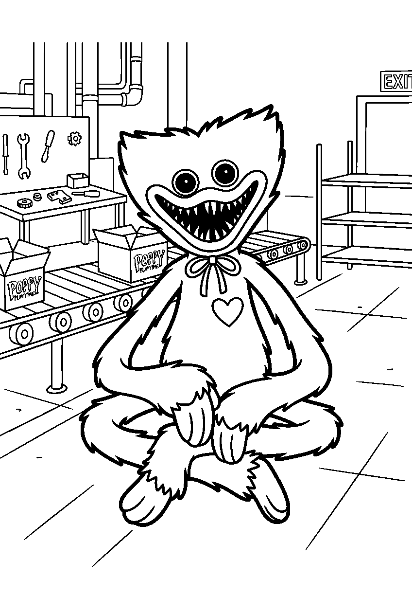 poppy playtime huggy wuggy sitting in production area line art