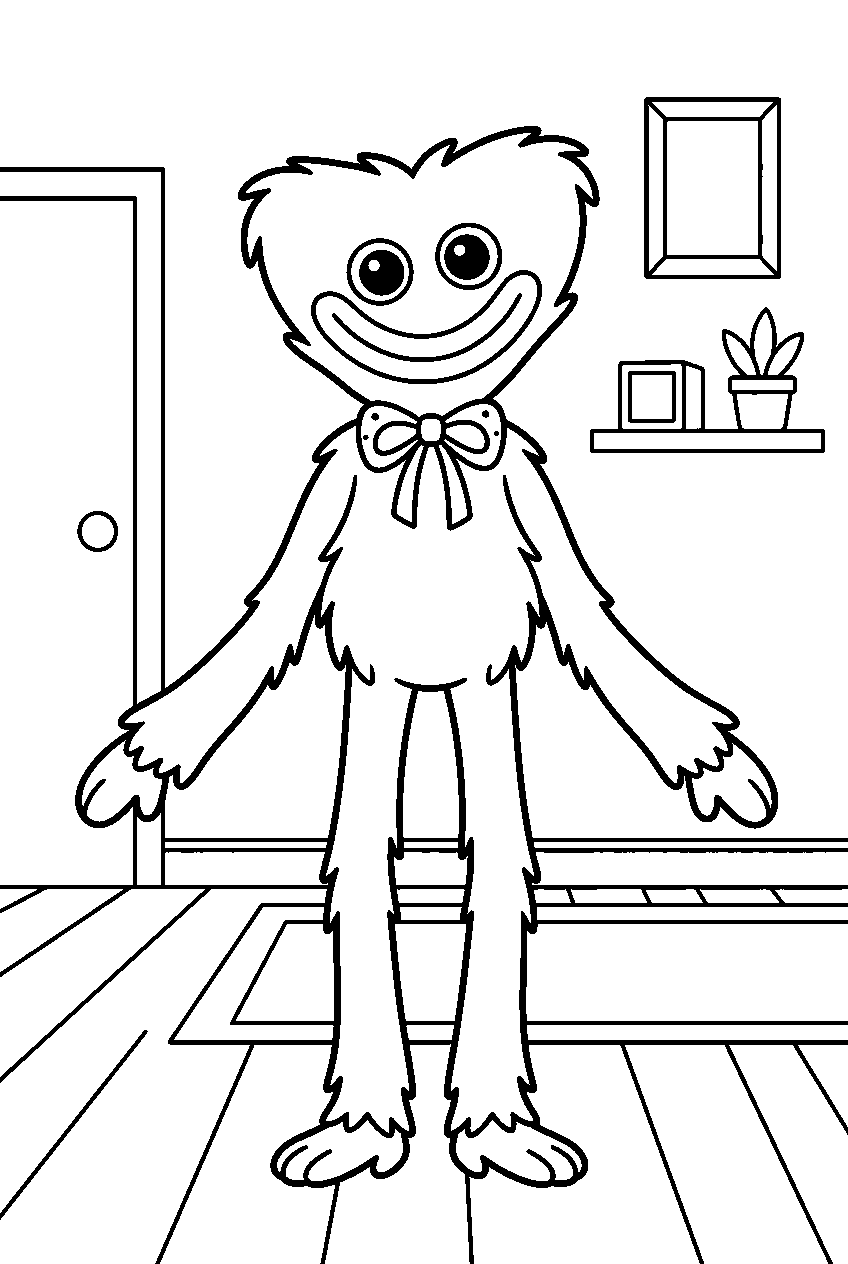 poppy playtime huggy wuggy smiling in simple room line art