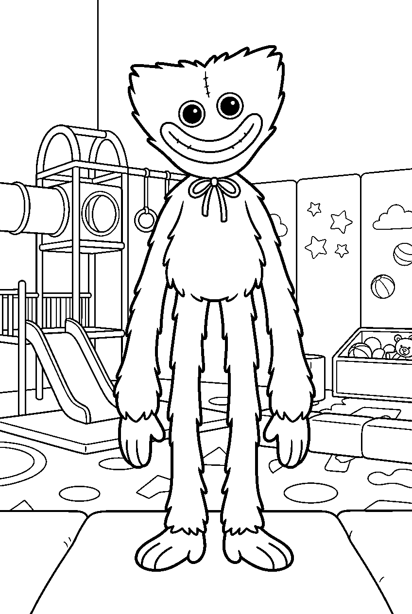 poppy playtime huggy wuggy standing calmly in indoor playground line art