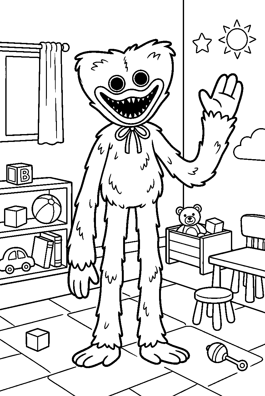 poppy playtime huggy wuggy standing in daycare room line art