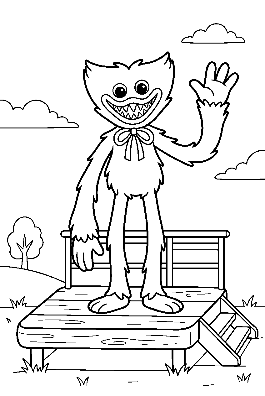 poppy playtime huggy wuggy waving on platform line art