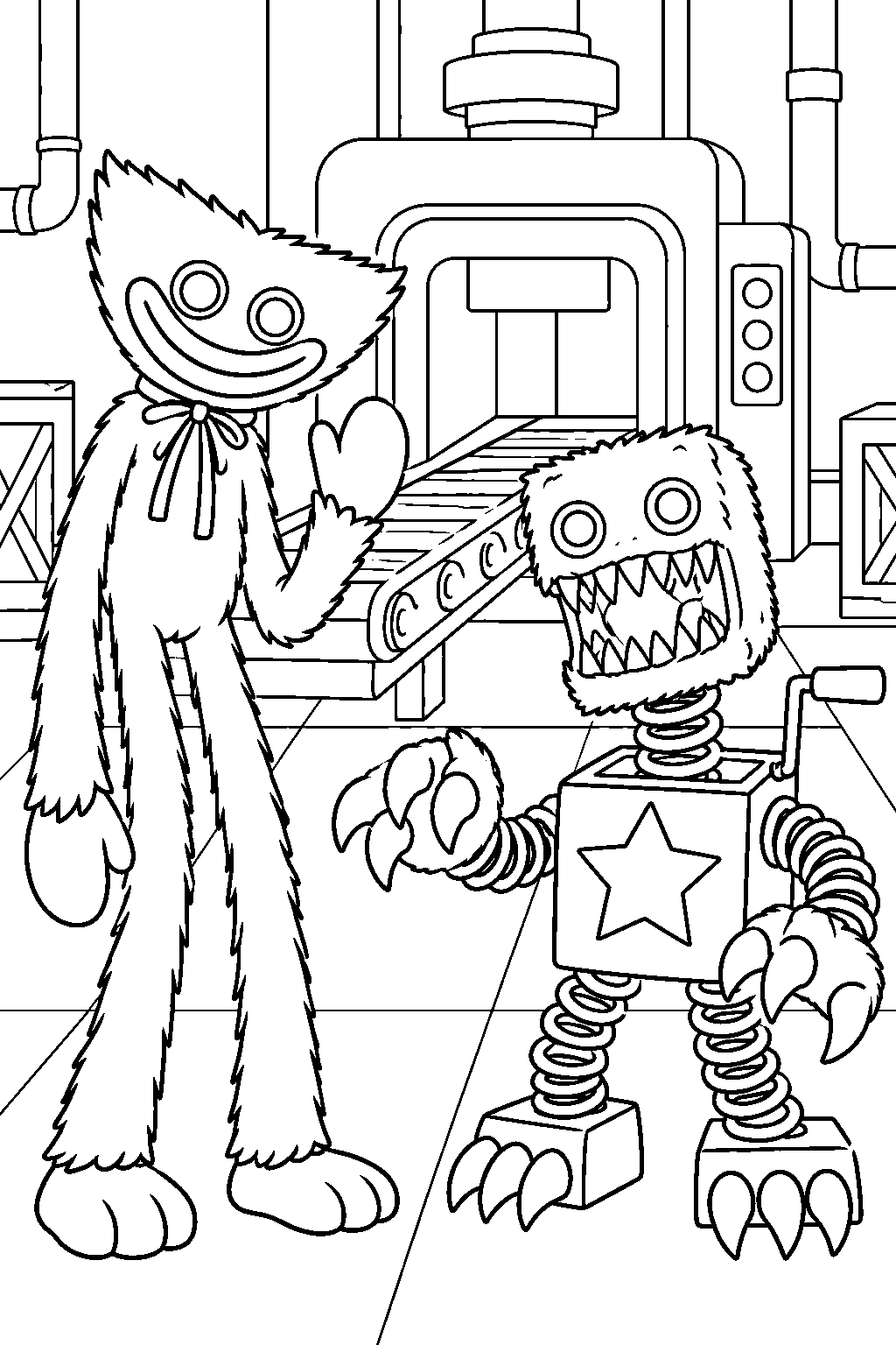 project playtime huggy wuggy and boxy boo beside the toy assembly machine line art