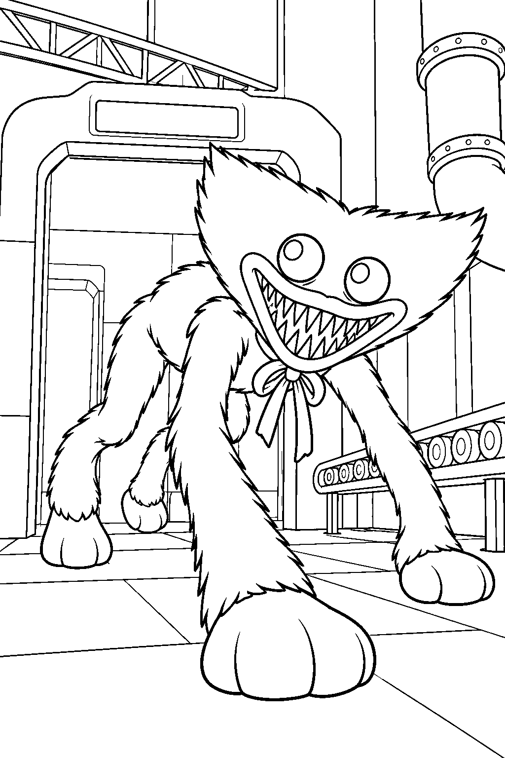 project playtime huggy wuggy charging on all fours through the factory line art