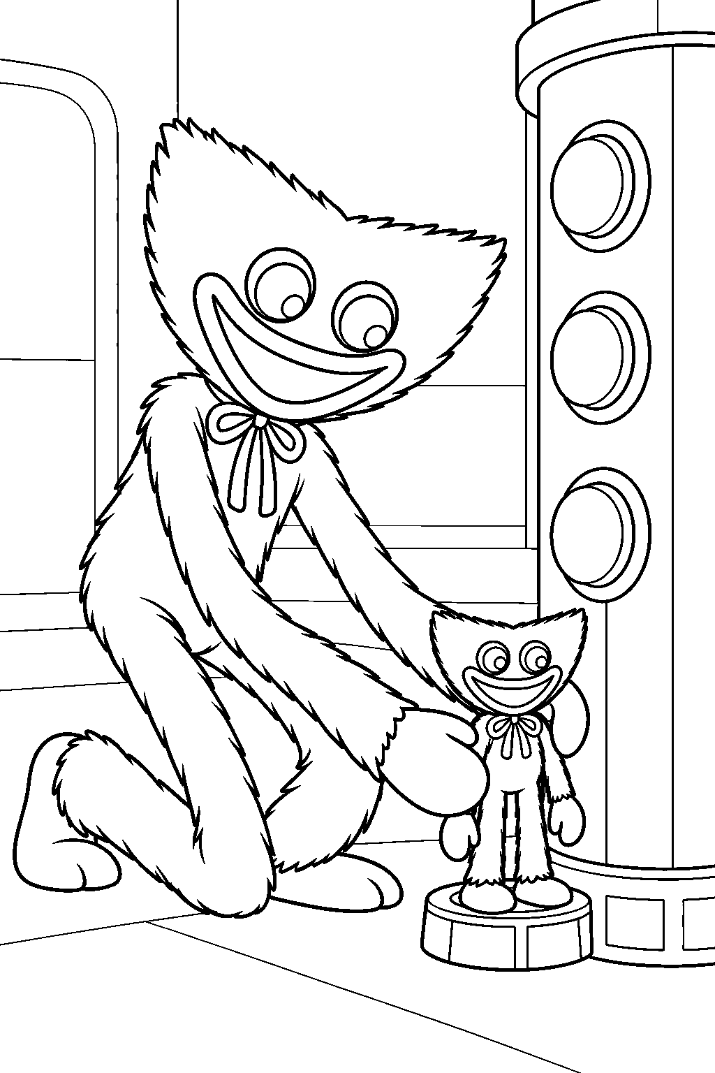 project playtime huggy wuggy placing a mini huggy sentry beside a puzzle pillar line art