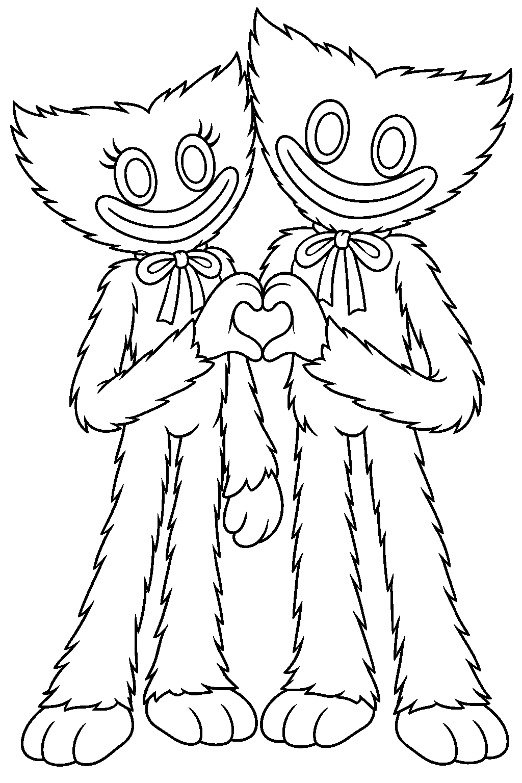 kissy missy and huggy wuggy joining their hands to form a heart line art