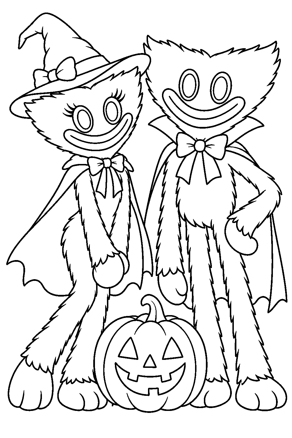 kissy missy and huggy wuggy wearing halloween costumes beside a jack o lantern line art