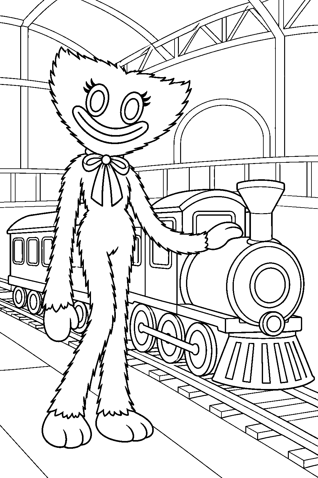 kissy missy beside the toy train at the game station line art