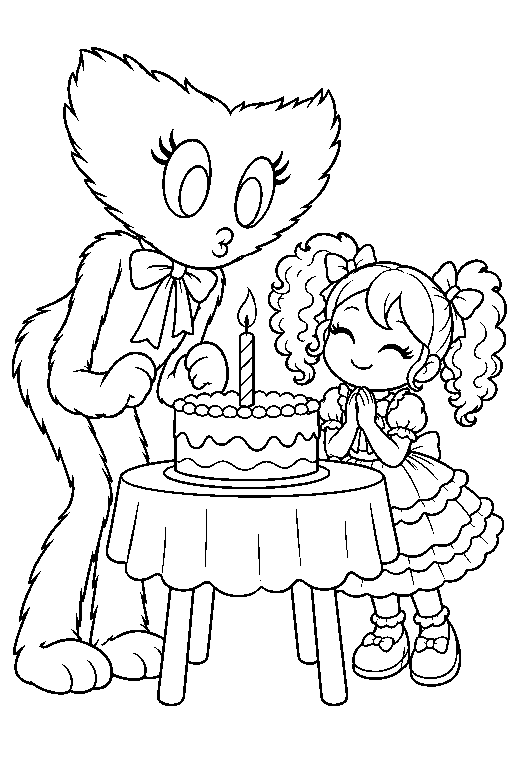 kissy missy blowing out a birthday candle beside poppy line art