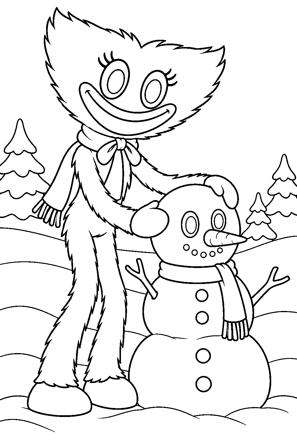 kissy missy building a snowman while wearing a winter scarf line art