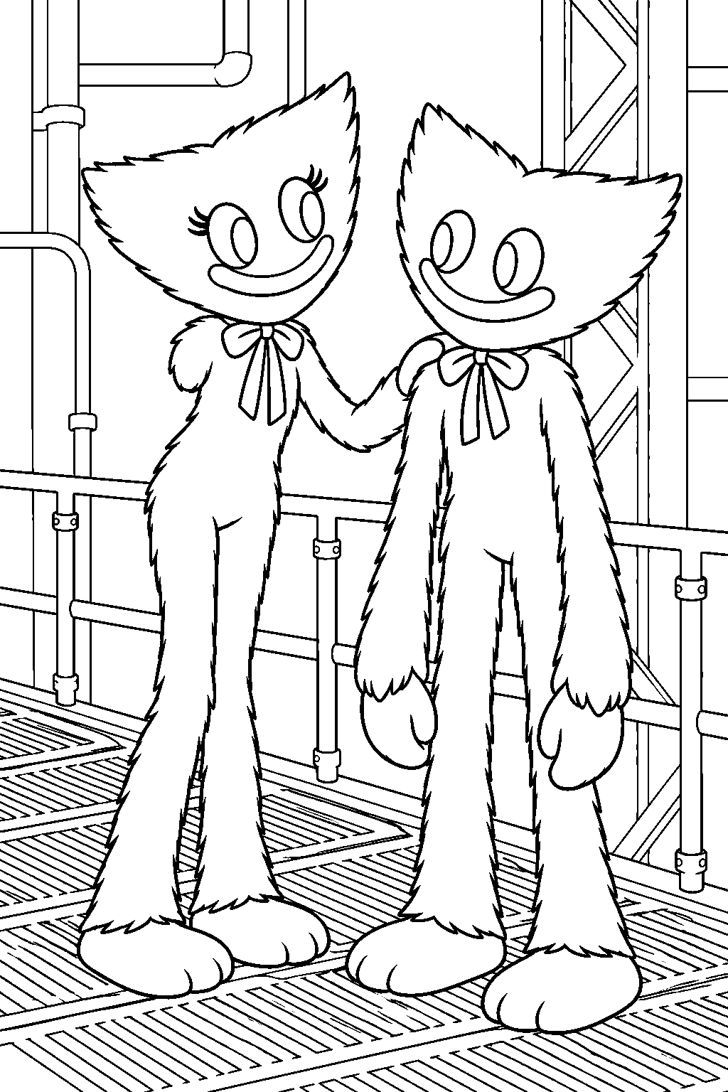 kissy missy calming huggy wuggy on the factory catwalk line art