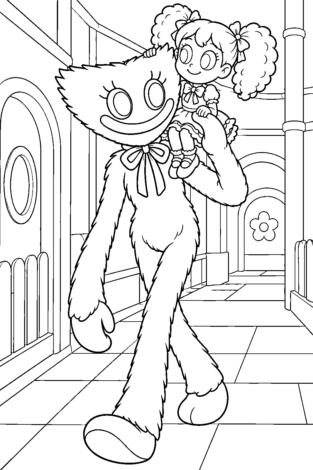 kissy missy carrying poppy on her shoulder through playcare line art