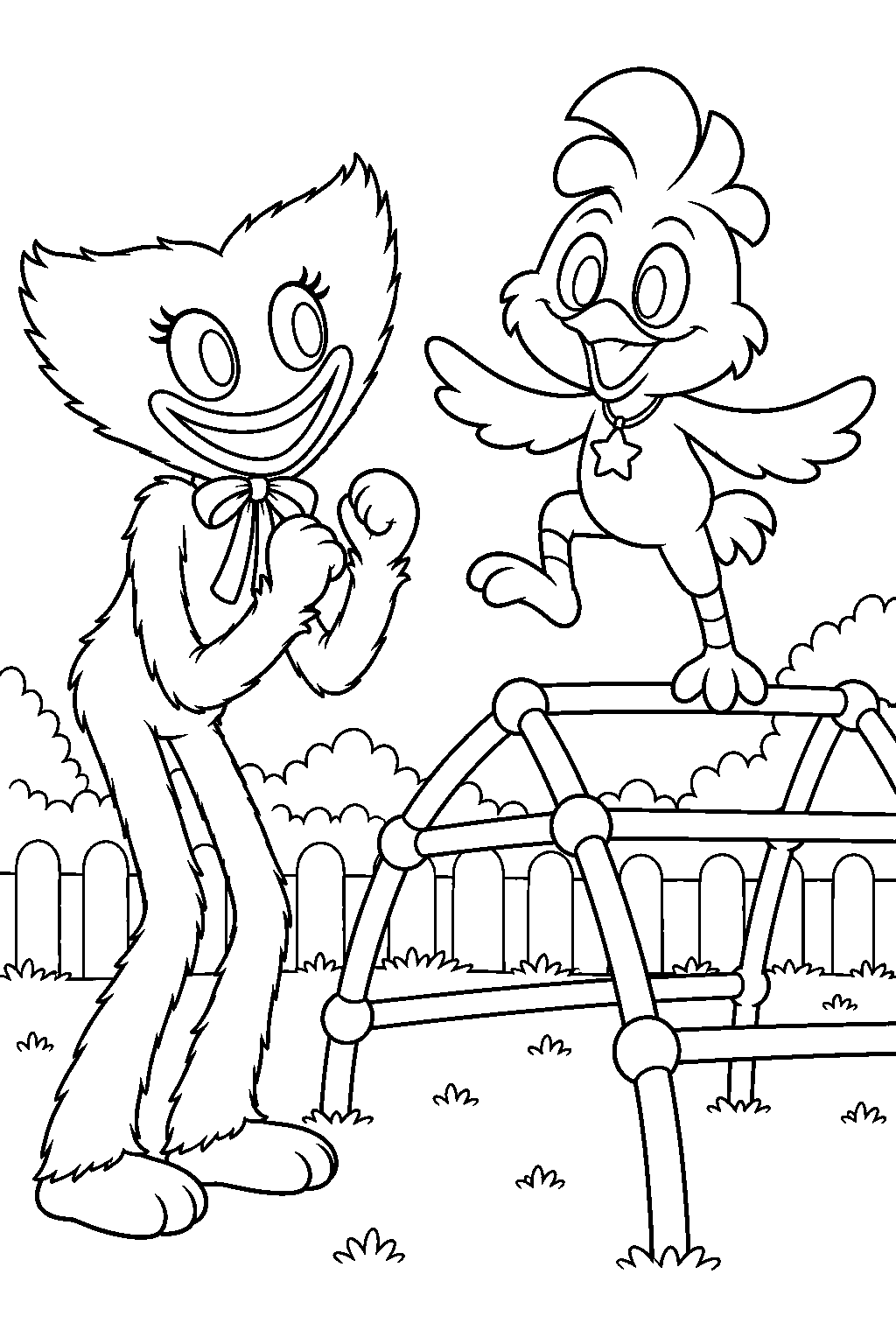 kissy missy cheering for kickinchicken on a playcare climbing frame line art