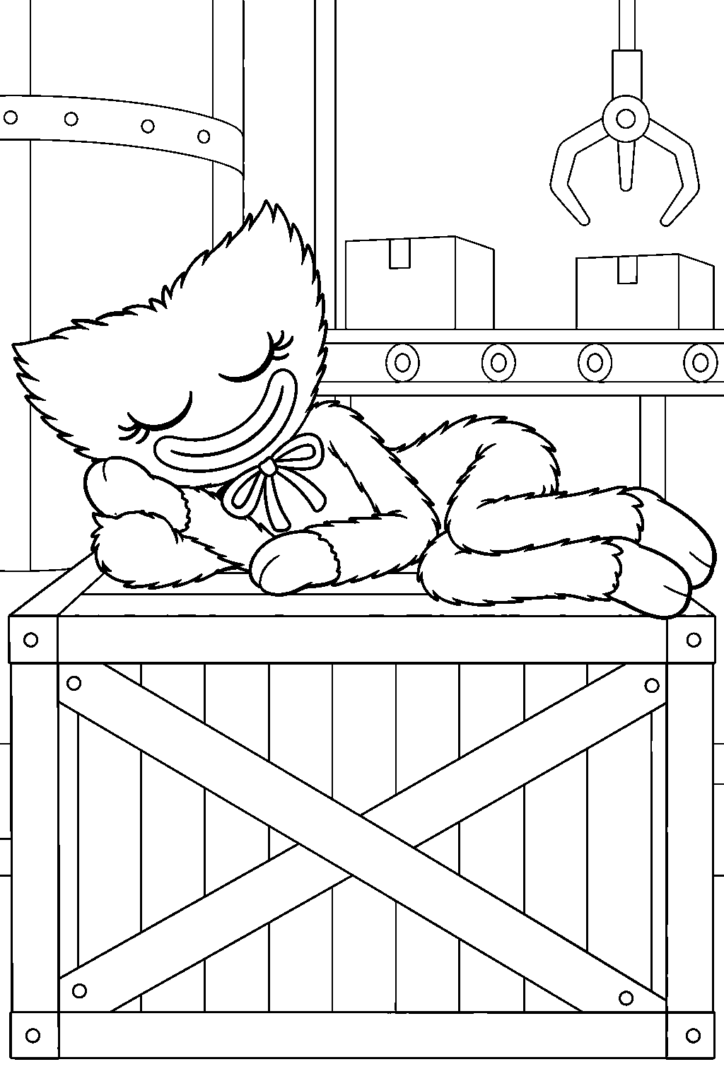 kissy missy curled up asleep on a factory toy crate line art