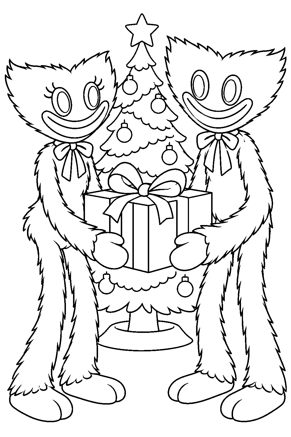 kissy missy exchanging christmas gifts with huggy wuggy line art