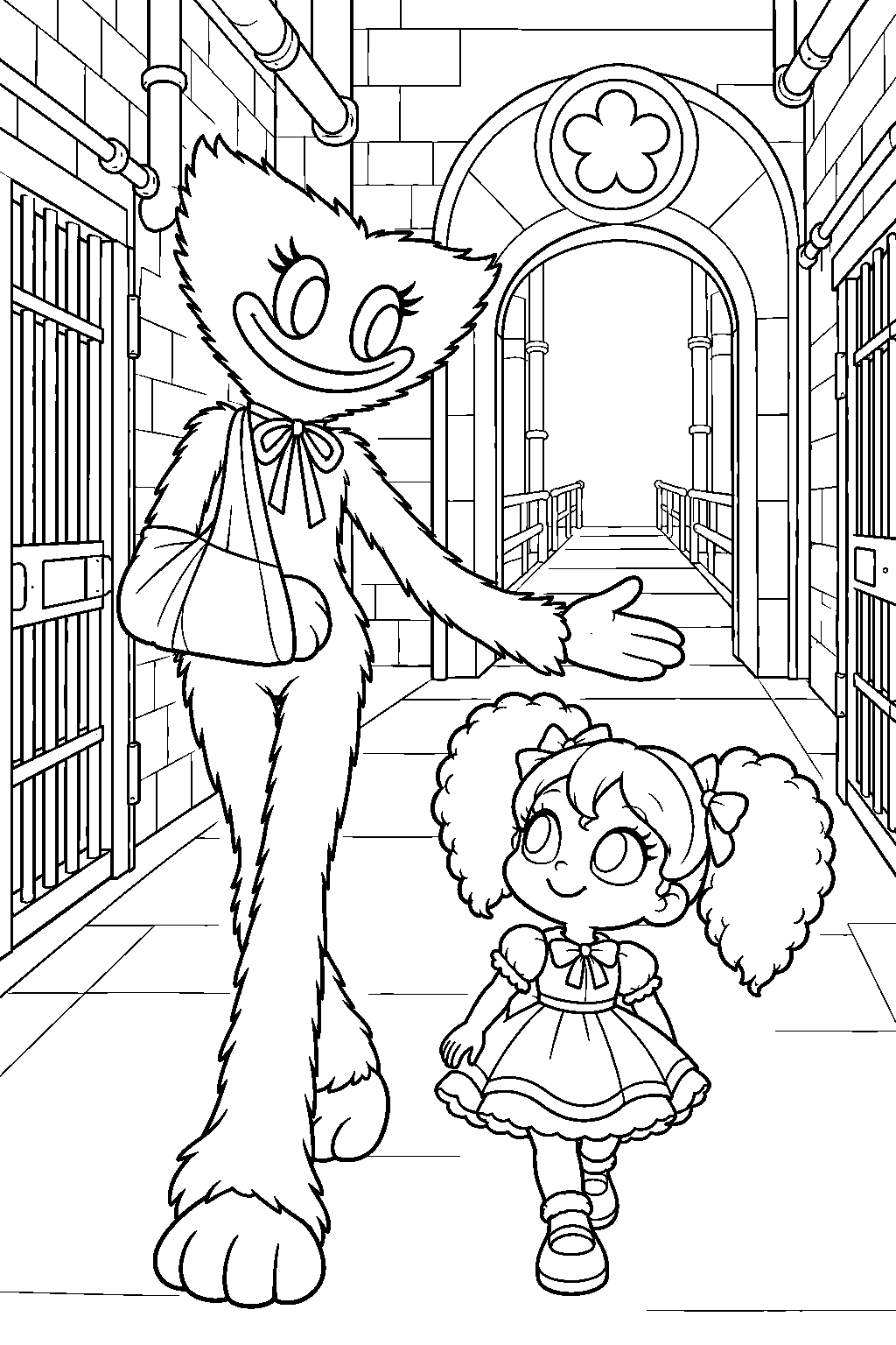 kissy missy guiding poppy through the prison corridor toward safe haven line art